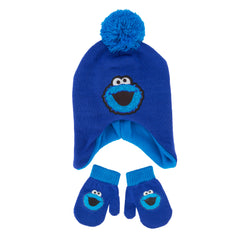 Toddler Cookie Monster Pom Earflap Beanie & Mitten Set